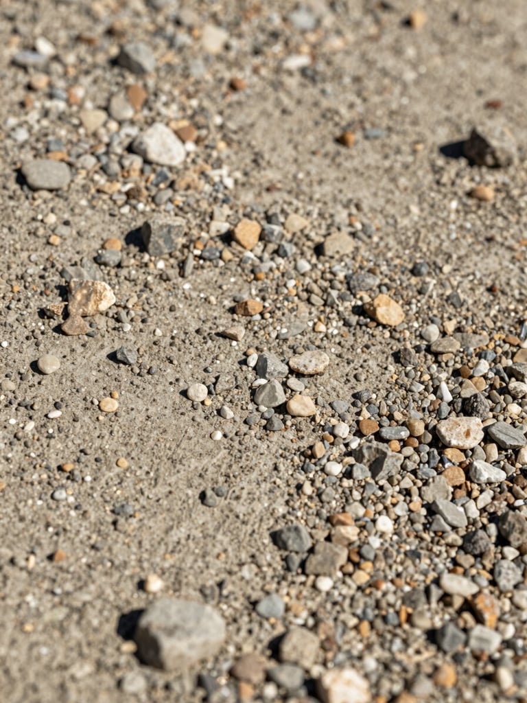 Extreme close-up of a raw concrete aggregate surface in north daylight, fine stone particles and mineral texture filling the frame, warm earth tones in the mix, shallow depth of field on surface detail, no people, no text