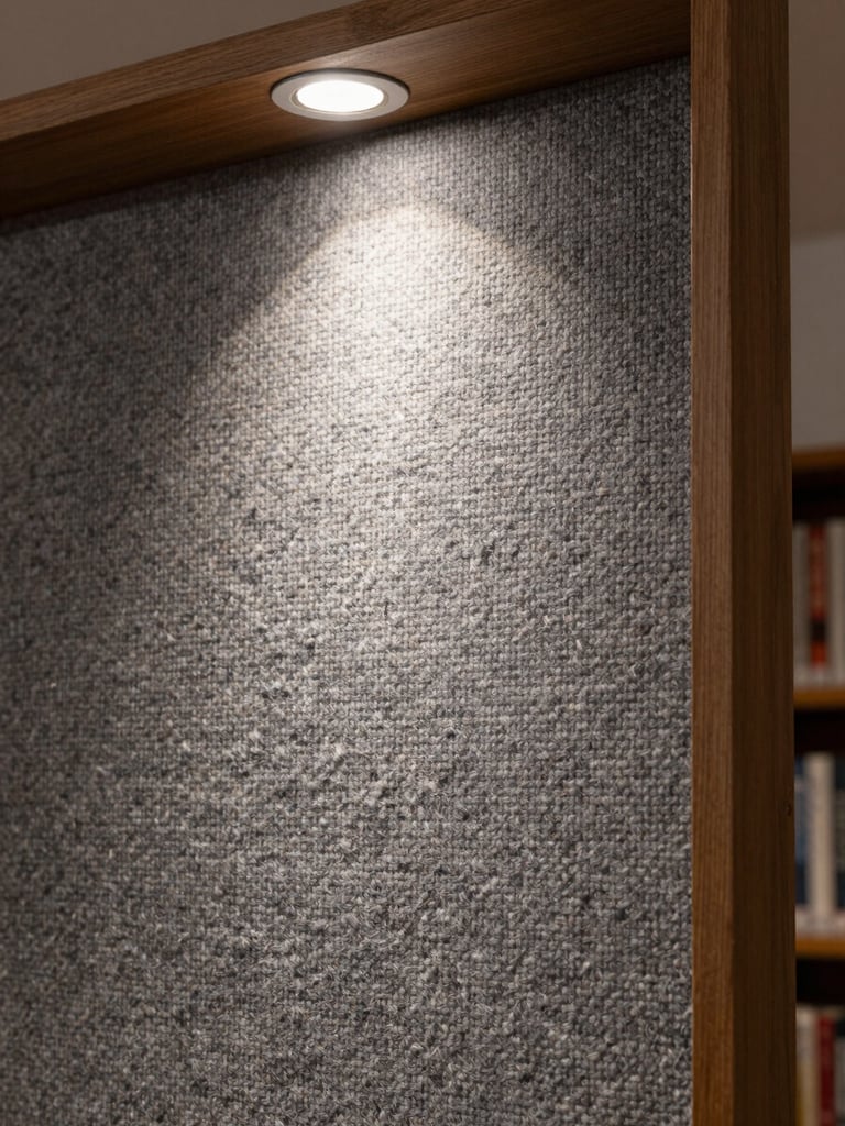 Extreme close-up of hand-woven wool panel surface in a finished library interior, warm grey twill weave structure sharp under a single hard studio strobe, architectural trim visible at the panel edge, no people, tight framing showing thread interlace
