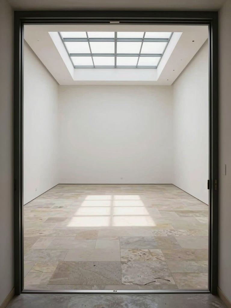 Empty commercial gallery interior photographed from the entrance threshold, wide environmental frame, raw Pietra Serena stone floor extending to a far white wall, north daylight entering through clerestory windows casting long soft shadows, no artwork installed, no people