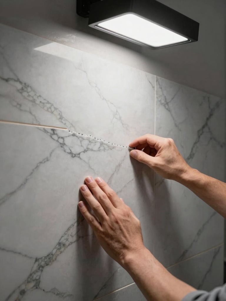 Artisan hands in close-up setting a large Calacatta marble tile against a wall, precise edge alignment visible, hard studio strobe light from above casting sharp shadows on stone surface and hands