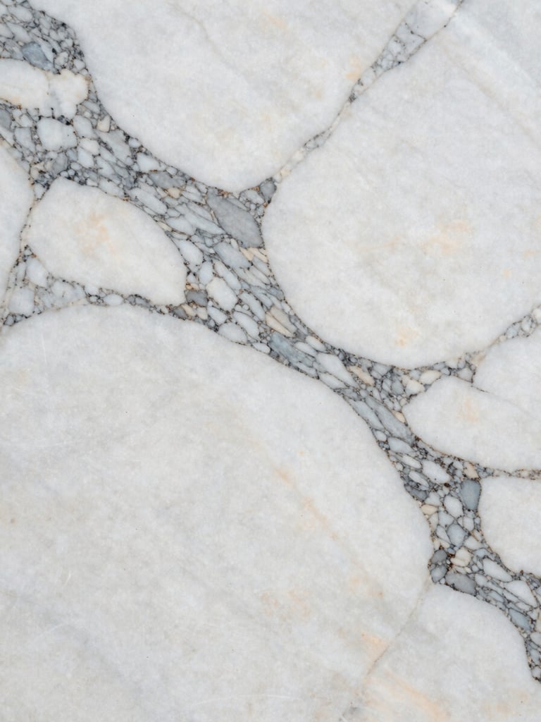 Extreme close-up of Calacatta marble slab surface, dramatic grey veining crossing warm white ground, north-facing daylight revealing depth and mineral clarity, shot from 4 inches from the stone face