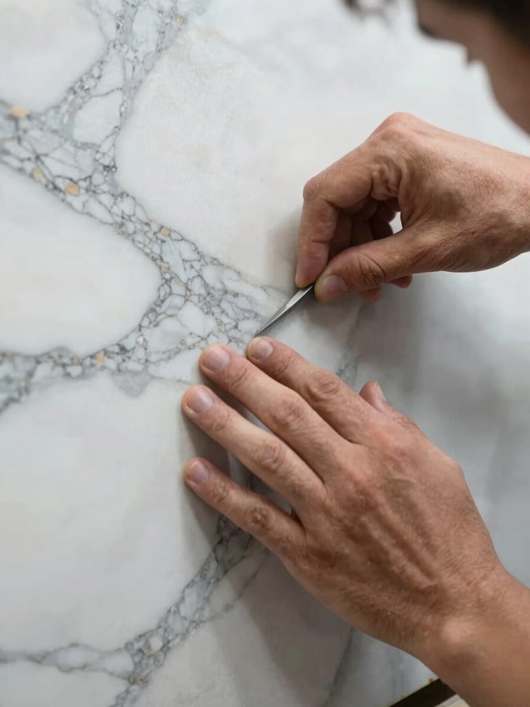 Extreme close-up of artisan hands carefully setting a large Calacatta marble slab, fingers tracing the veining, north-facing studio light revealing the stone's true white and grey tones, precise and unhurried