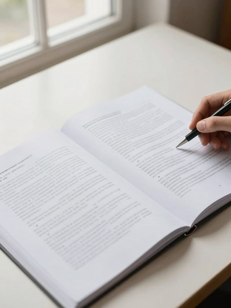 Close-up overhead view of open legal documents spread on a warm off-white desk, a hand with a pen resting lightly on the paper, soft diffused north-facing window light, calm and organized