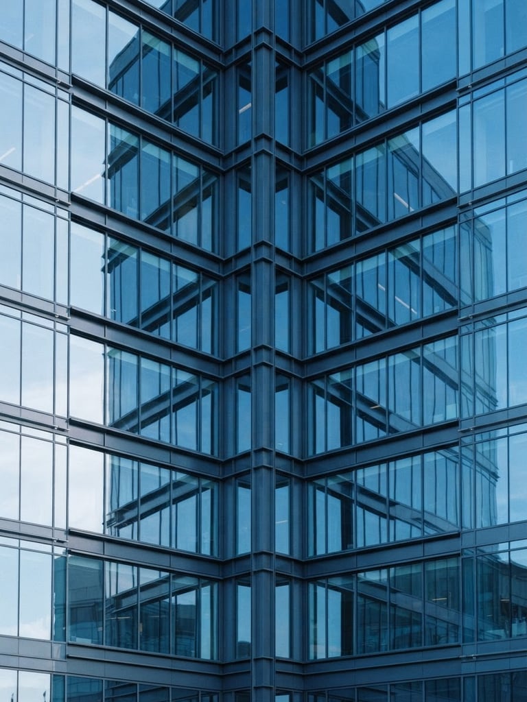 Symmetrical modern architectural detail of a corporate headquarters facade, clean glass and steel lines, crisp natural daylight with cool blue undertones, 35mm photography