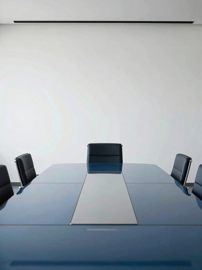 Crisp daylight illuminating a minimalist corporate boardroom table with architectural symmetry, cool blue reflections on glass, clean executive design, 35mm.