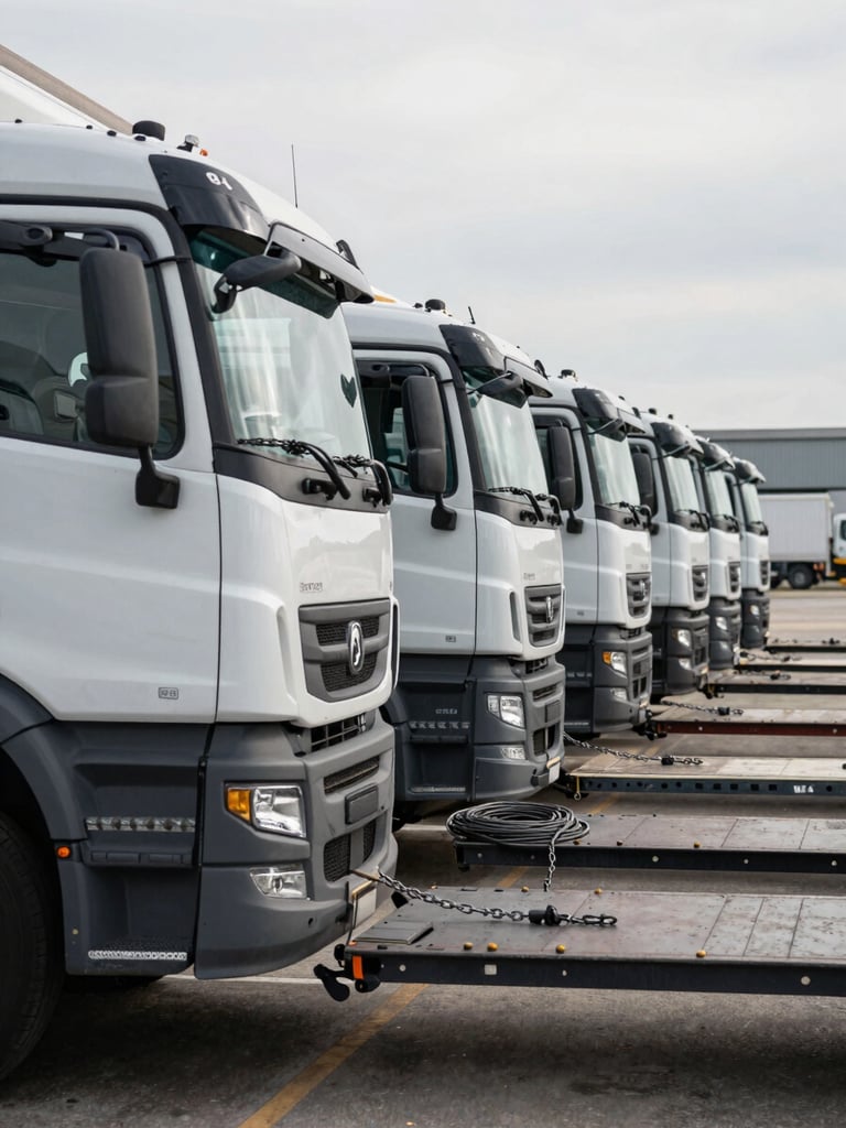 Close-up environmental shot of a fleet of flatbed and box trucks lined up at a regional freight yard under overcast morning daylight, fleet numbers stenciled on cab doors, tie-down chains coiled on the beds, no drivers visible