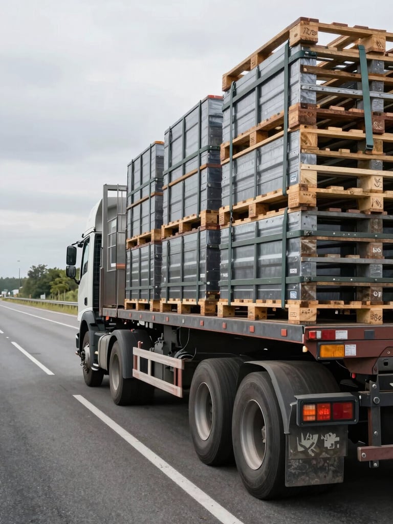 Wide environmental shot of a heavy-duty flatbed truck loaded with steel pallets on a straight highway at overcast midday, truck occupying the right two-thirds of the frame, empty asphalt road receding left, natural grey daylight, close detail on cargo straps and tie-downs visible on the load