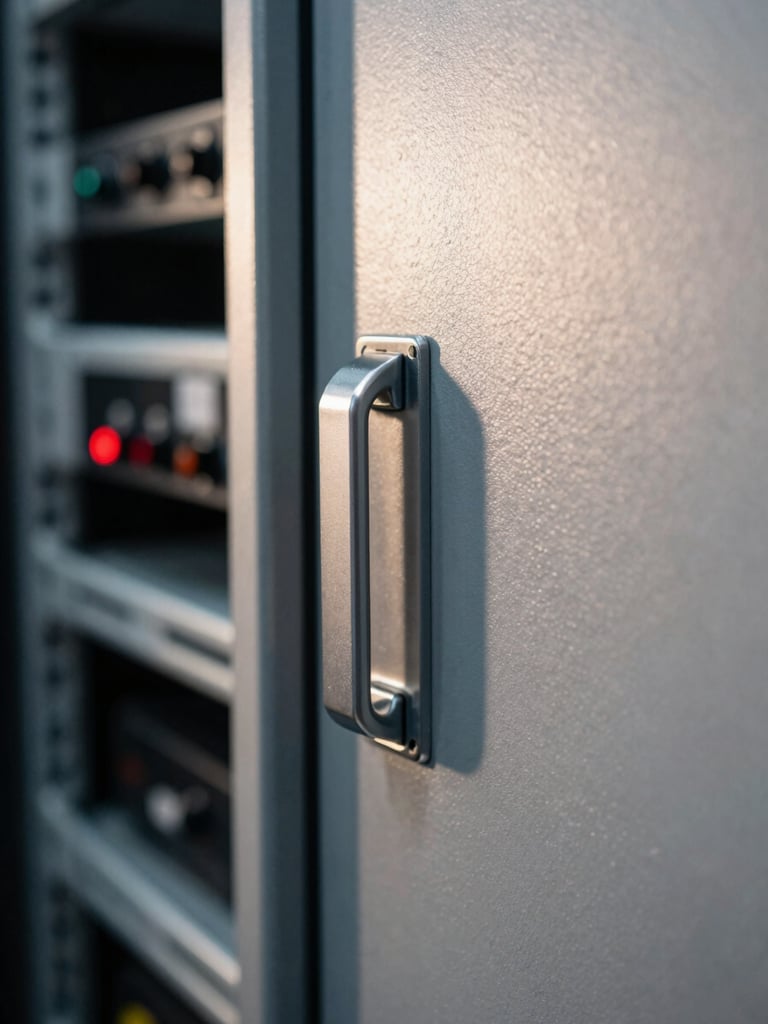 Close-up of a Faraday enclosure door latch in a controlled-access server room, institutional tungsten lighting casting sharp shadows across the metal surface, hardware isolation switch visible in the background on a rack panel, wide environmental depth of field