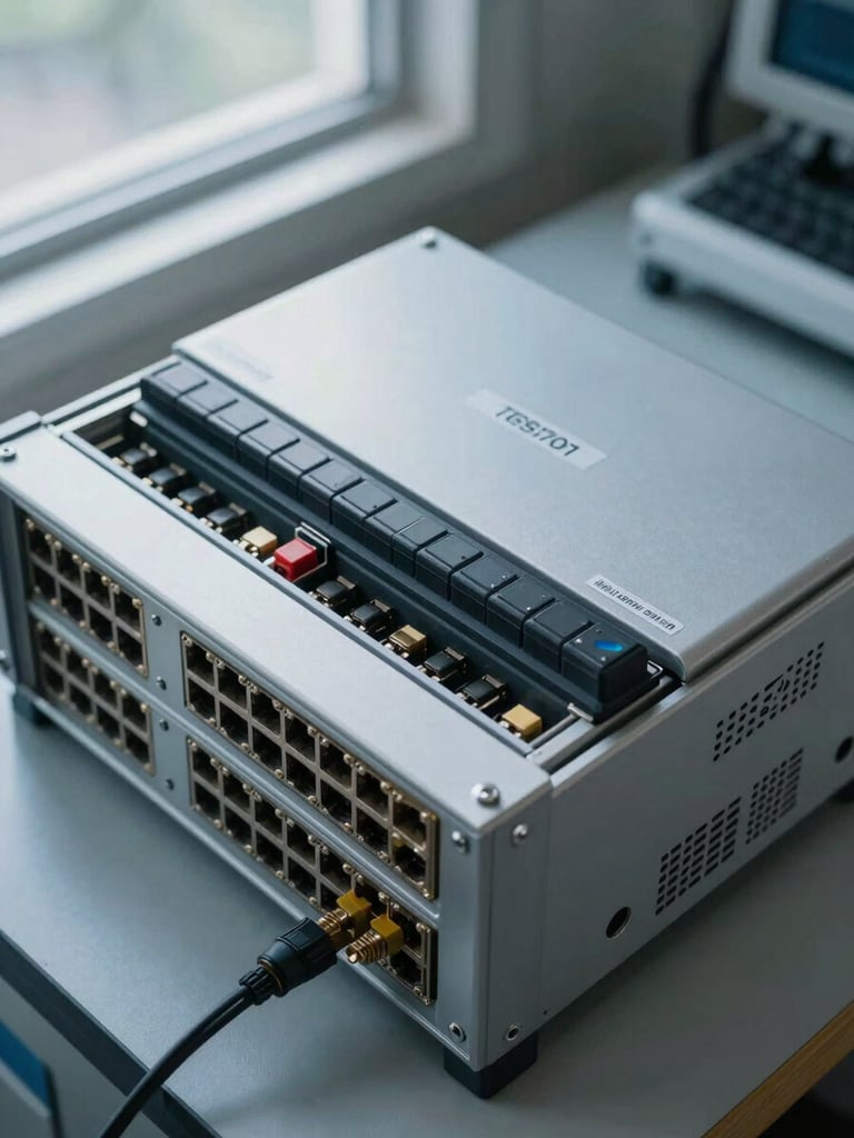 Close-up overhead shot of air-gapped network infrastructure on a controlled-environment workbench, clearly labelled isolation switches and disconnected external ports visible, industrial daylight from a high window casting forensic cold light across the hardware surfaces, no personnel present