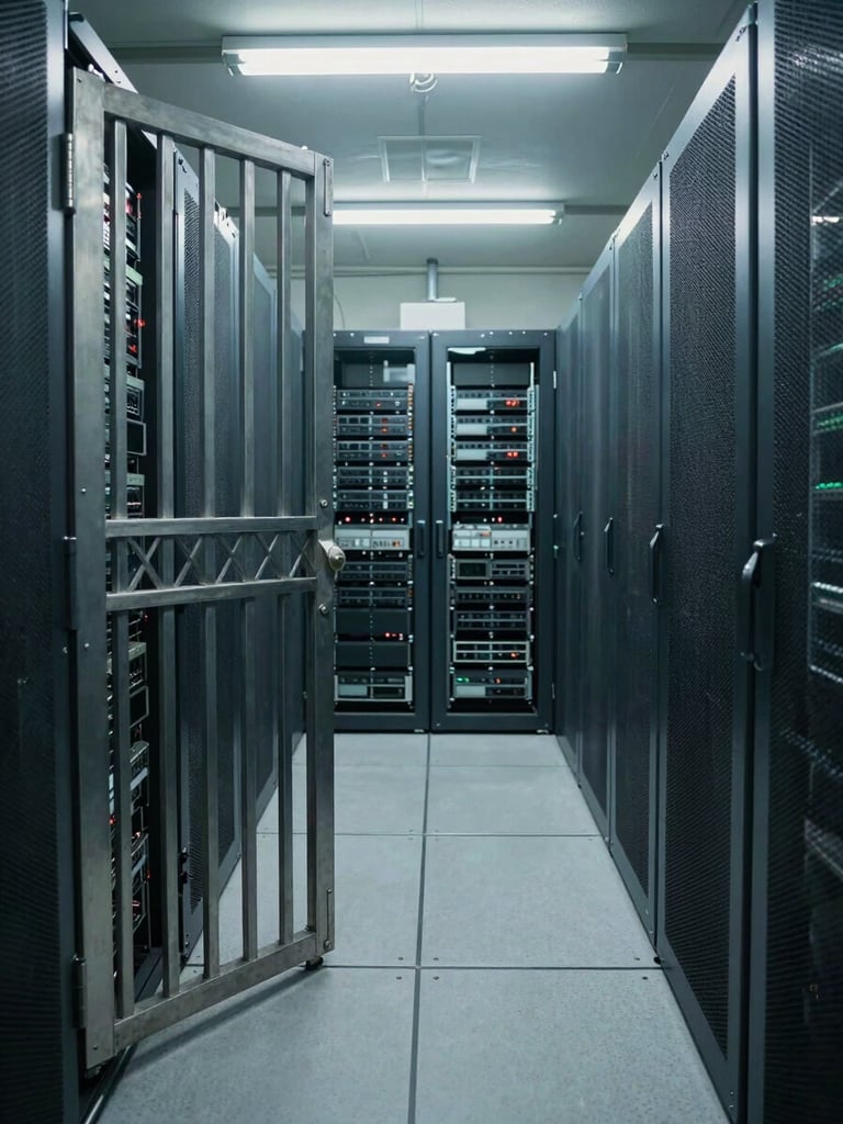 Wide environmental interior of a classified server room, heavy steel security door ajar in the left third, rows of rack-mounted hardware under cold institutional fluorescent light, no personnel present, forensic even exposure, industrial ceiling visible overhead