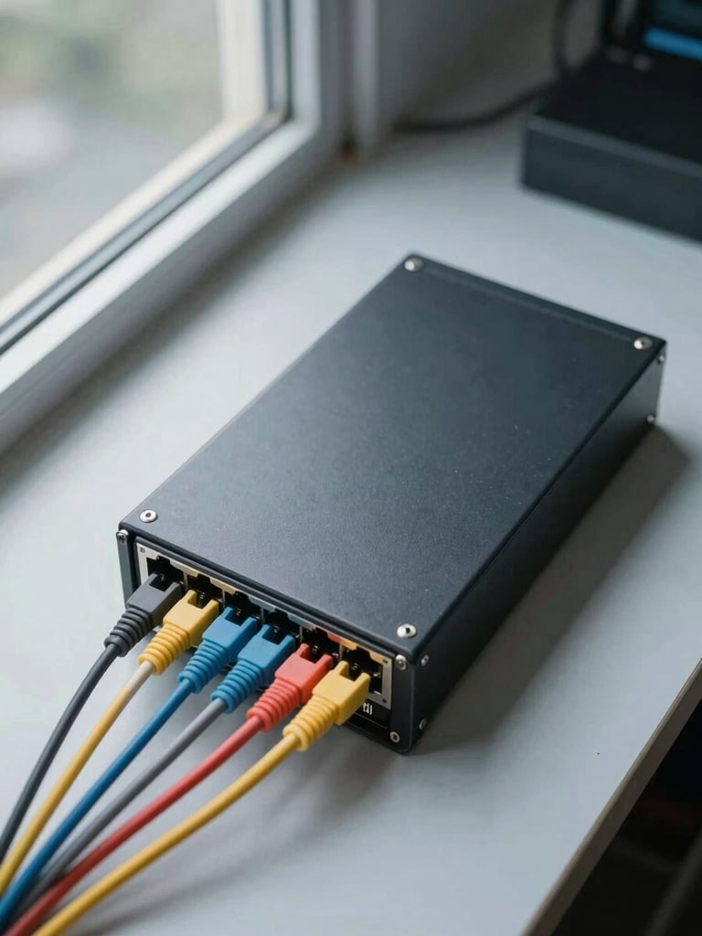 Close overhead shot of isolated network switch hardware in a controlled environment, labelled patch cables colour-coded by segment, no wireless indicators active, cold daylight through a narrow industrial window to the left, forensic framing
