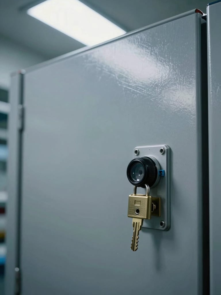Close-up of a sealed rack enclosure in a controlled access room, isolation switch in the foreground with a physical key lock engaged, overhead daylight through narrow industrial windows casting cold even light on brushed steel panels, no people, no signage