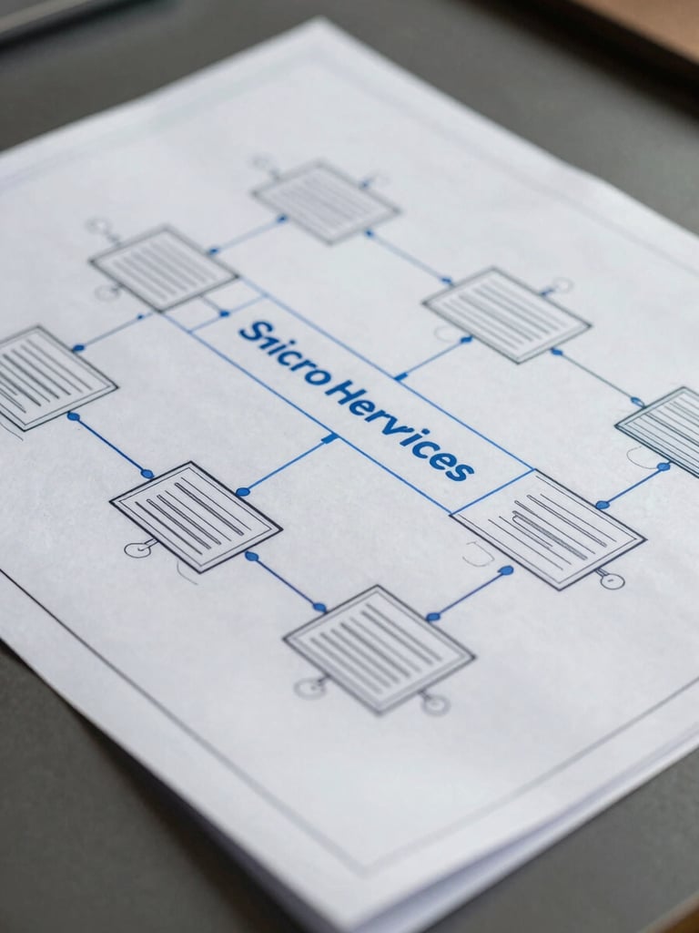 A crisp white architectural blueprint of a software microservices system, clean technical lines, sharp blue accents, cool natural daylight