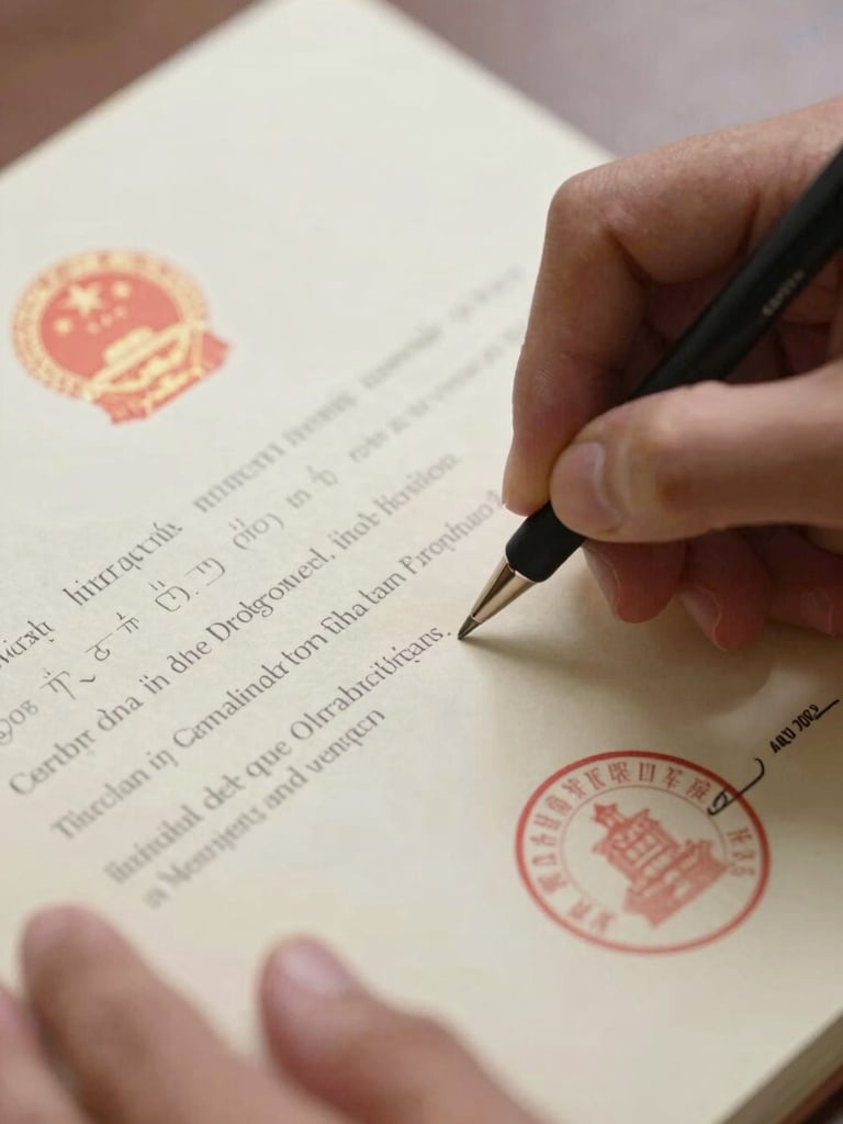 Macro close-up of hands reviewing a physical land title deed with official government seals, warm side lighting, sharp focus on the textured paper.