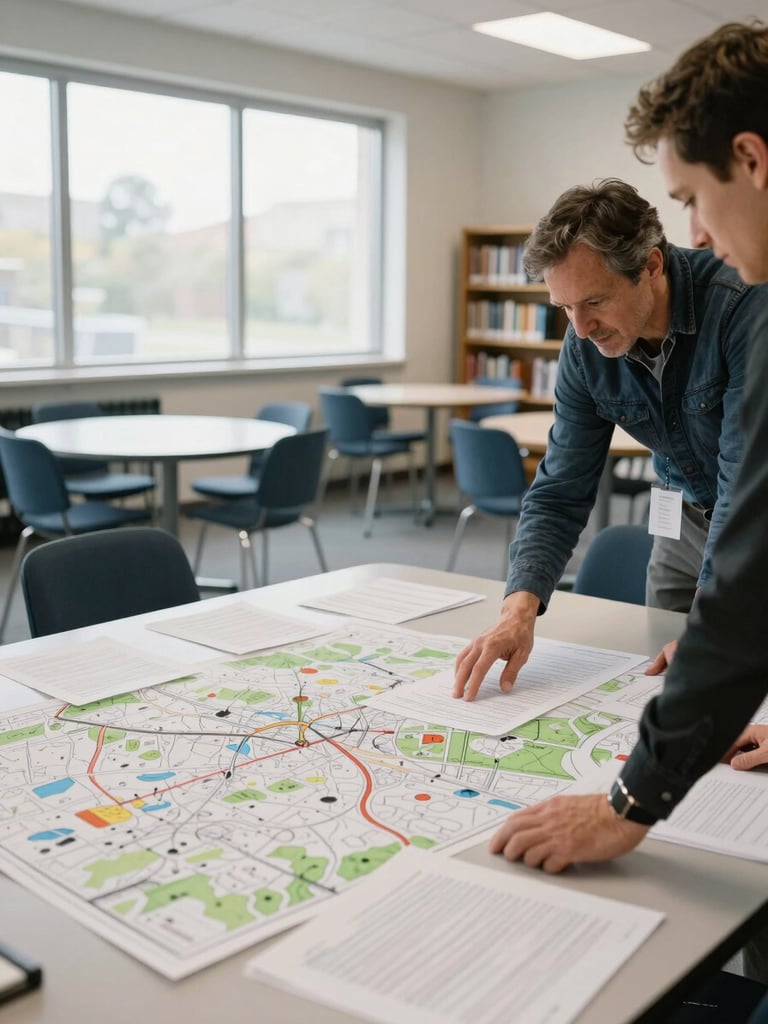 Wide environmental shot inside a community learning center, two adults co-planning over a large table covered with documents and annotated maps, diffused north-facing window light filling the room, hands visible mid-gesture, chairs and bookshelves receding into background—context and place fully readable