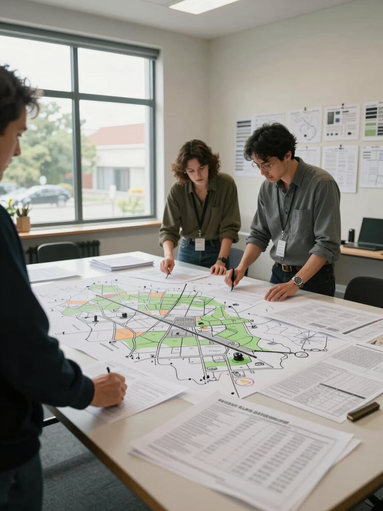 Wide environmental shot inside a neighborhood planning room—two people stand at a large table covered with hand-drawn community maps and printed data sheets, natural diffused daylight from tall windows on the left, walls showing pinned notes and diagrams, focus on the papers and hands mid-review, no faces prominent