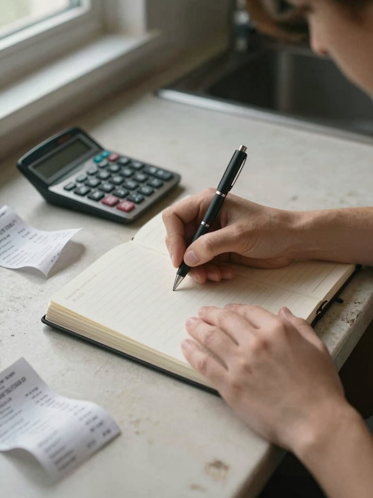 Close-up overhead view of hands writing in a notebook beside a calculator on a worn kitchen table, a few receipts scattered nearby, soft overcast window light from the left, warm neutral surface