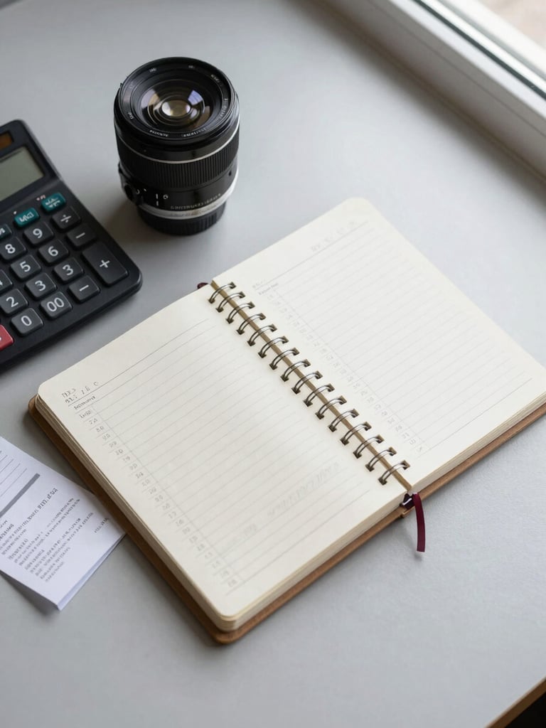 Overhead flat-lay of an open spiral notebook with handwritten budget figures, a calculator beside it, a few receipts overlapping the corner, on a light gray desk surface under diffused north-facing window light