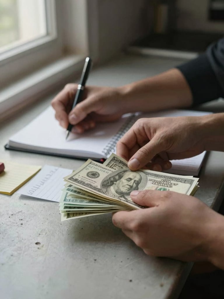 Close-up of hands sorting paper bills and handwritten notes on a worn kitchen table, natural overcast window light from the left, a pen resting mid-use on an open notebook, no people's faces visible