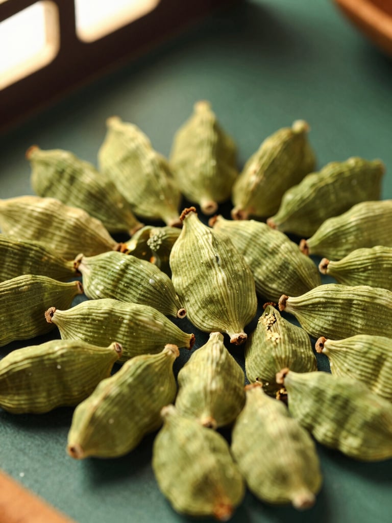 Extreme close-up of vibrant green cardamom pods and raw cinnamon bark arranged geometrically on a dark green surface, warm directional window light, shallow depth of field