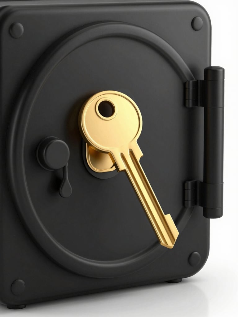 A premium 3D render of a golden key unlocking a sleek matte black vault, dramatic low-key lighting, gold highlights, octane render style