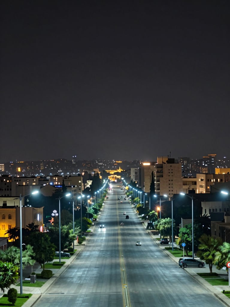 Wide panoramic night cityscape of Najaf, Iraq, illuminated smart infrastructure lighting along boulevards stretching to the horizon, cool blue-white LED streetlights, low camera angle, deep graphite sky, no people