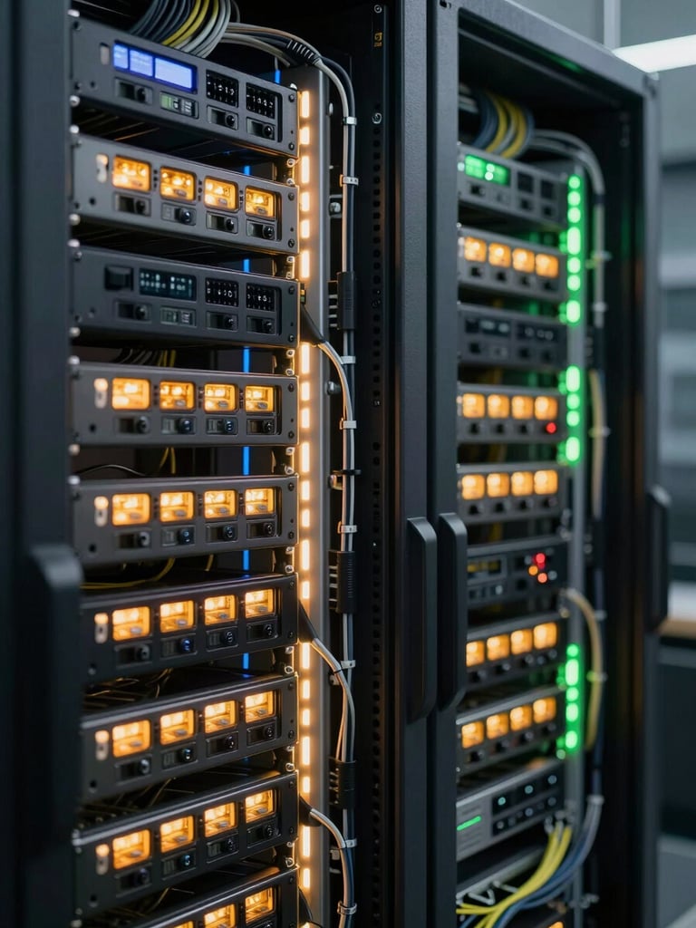 Close-up of a network infrastructure control room interior, dense cable management runs illuminated by cool LED strip lighting, server rack front panels glowing amber and green, tight technical framing, high contrast, no people