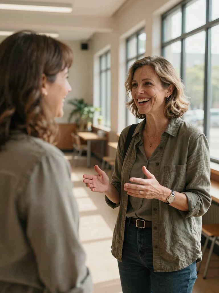 Medium shot of two women in their forties in relaxed conversation at a community center hallway, one gesturing warmly, afternoon window light from the right, earthy tones, genuine laughter, neither posed nor staged