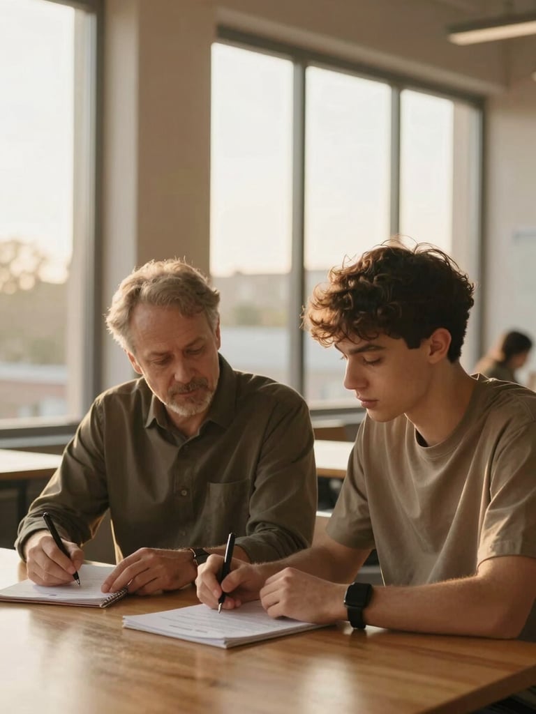 Close-medium shot, golden afternoon light through tall windows — a mentor and younger community member seated side by side at a wooden table, both looking down at notes together, hands visible mid-gesture, warm earthy tones throughout