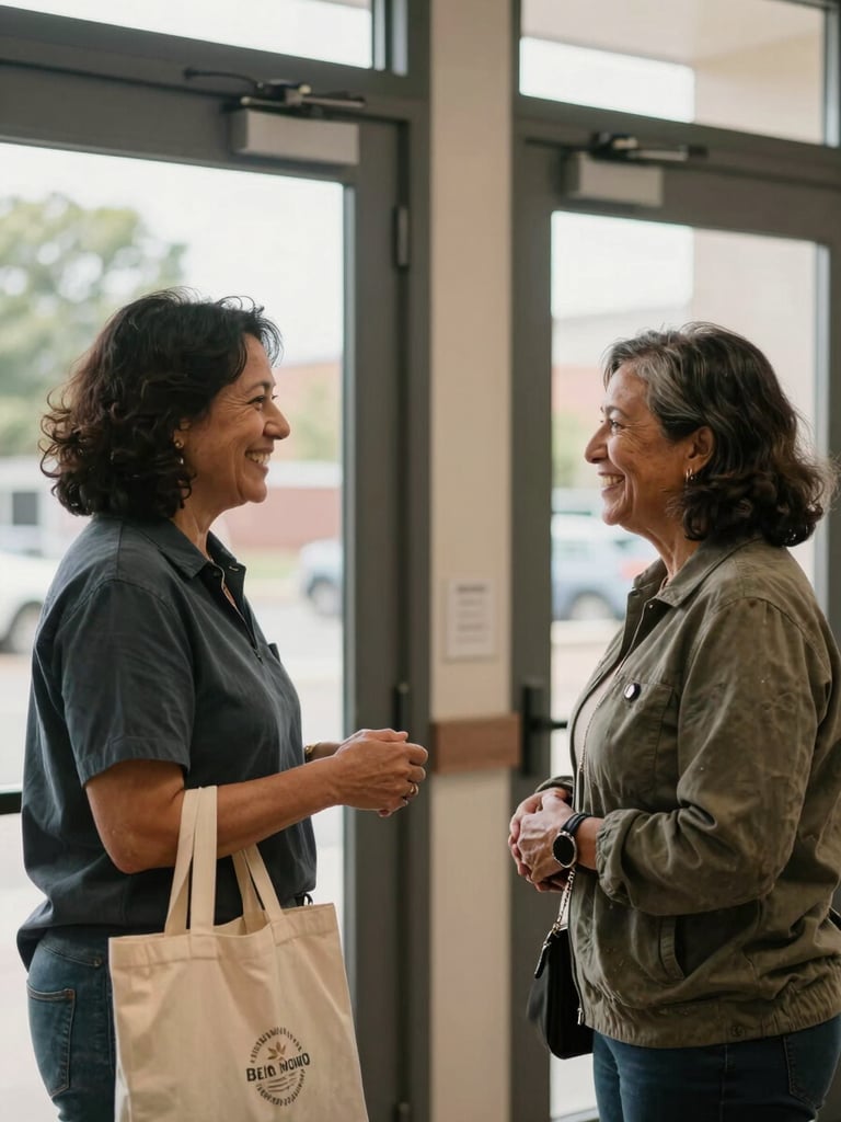 Medium shot of two community members greeting each other warmly at a community center entrance, natural window light from the side, one holding a tote bag, genuine smiles, earthy toned interior visible behind them
