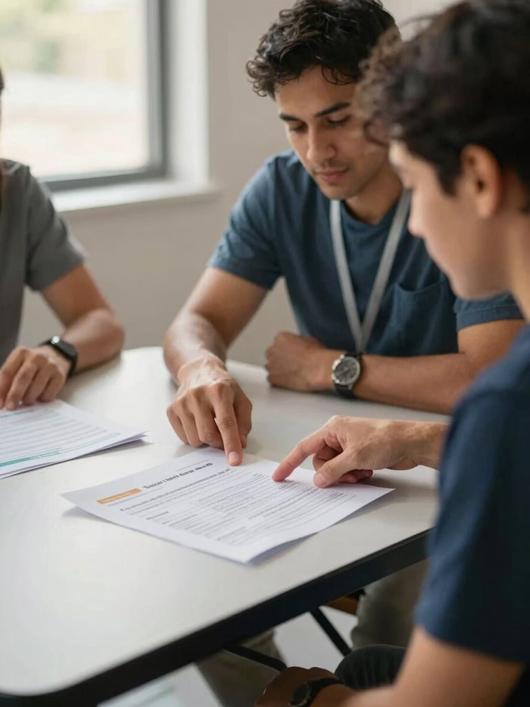 Close medium shot of two community members at a folding table during a health education workshop, one pointing at a printed handout, warm afternoon light through a side window, hands and materials in focus, relaxed and engaged expressions
