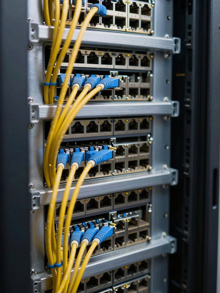 Extreme close-up of dense server rack port panel — ethernet cables colour-sorted and routed with precision, brushed-steel chassis edges, bright even warehouse lighting, no text, no people