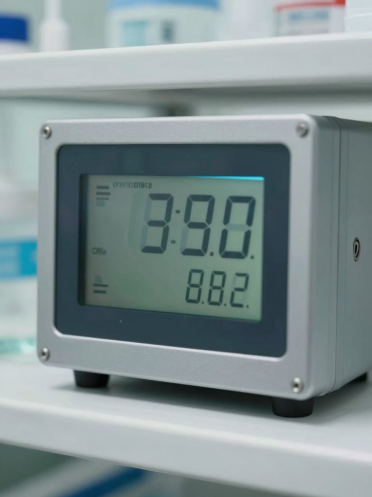 Close-up of a temperature-controlled storage container with a digital temperature display showing optimal chill settings, clean sterile background.
