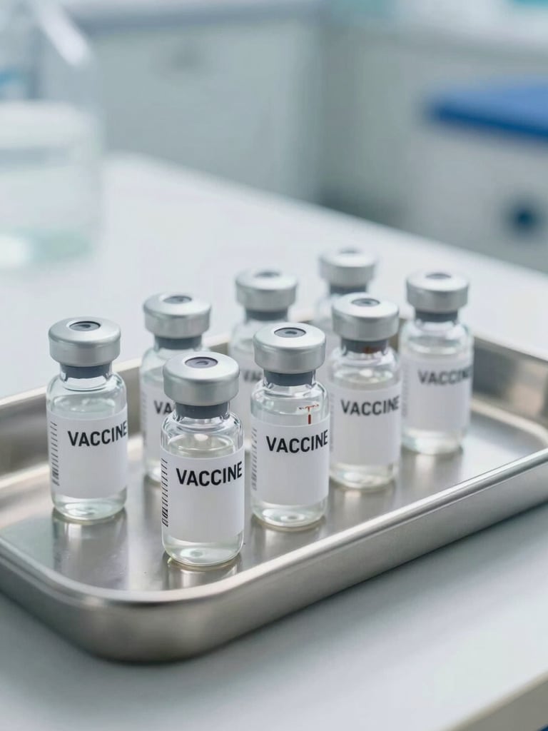 Bright, clean clinical environment with sealed, temperature-monitored vaccine vials resting in a sterile stainless steel tray under white light.