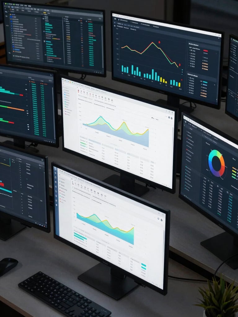 Wide-angle overhead view of multiple monitors displaying ecommerce analytics dashboards with graphs and conversion funnels, clean workspace, ambient cool light, data visualizations sharp against dark interface backgrounds