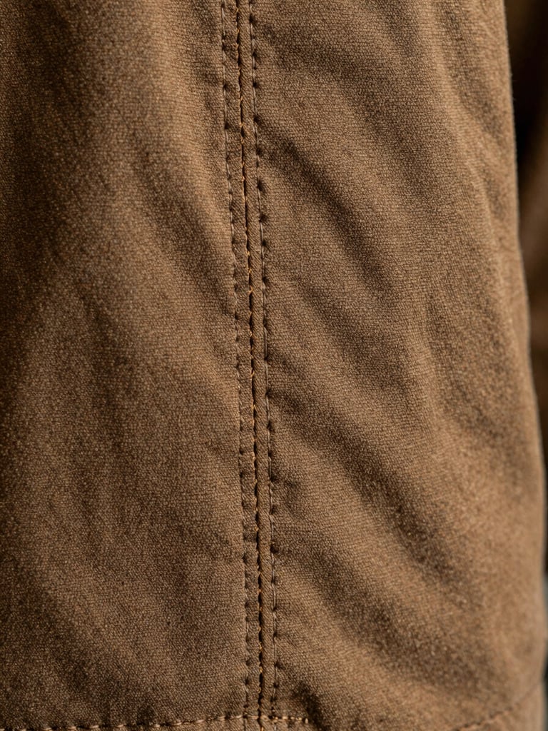 Macro close-up of a clean-finished interior seam on a heavy espresso cotton canvas jacket, showing tight, perfectly aligned parallel stitching