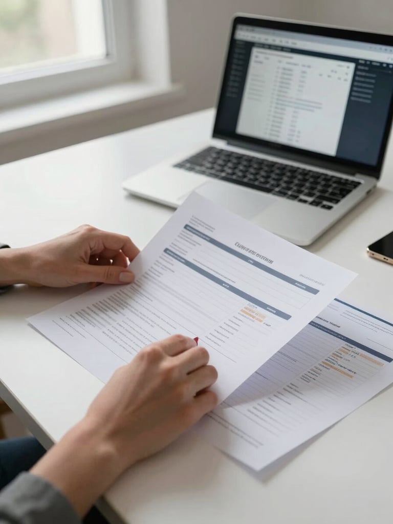 Hands of a woman reviewing printed performance reports spread across a white desk, a laptop open in the background displaying an email campaign dashboard, natural morning light from a window to the left, no faces visible