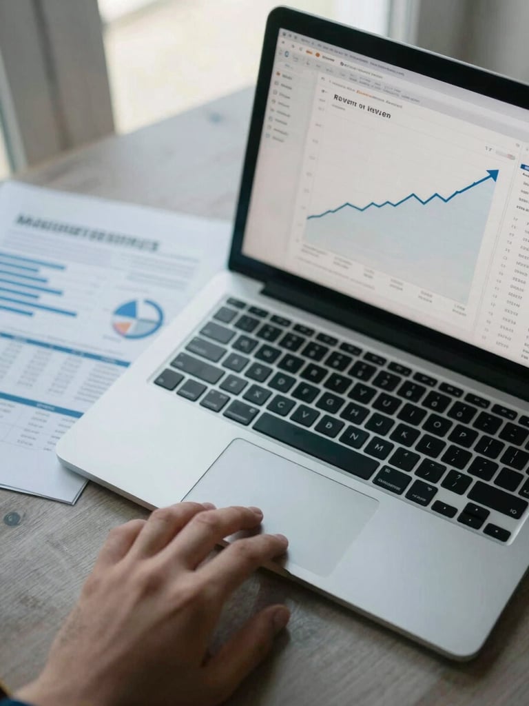 Close-up overhead flat lay of a laptop screen displaying a revenue dashboard with upward trend lines, a printed analytics report beside it, and a hand resting on a wireless keyboard — natural morning window light, cool tones, no shadows