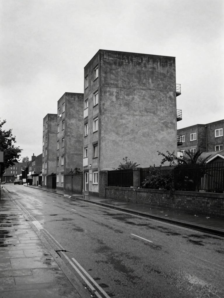 B&W wide shot of wet asphalt streets in Canning Town under overcast, bleak daylight, brutalist concrete housing estates looming in the background.