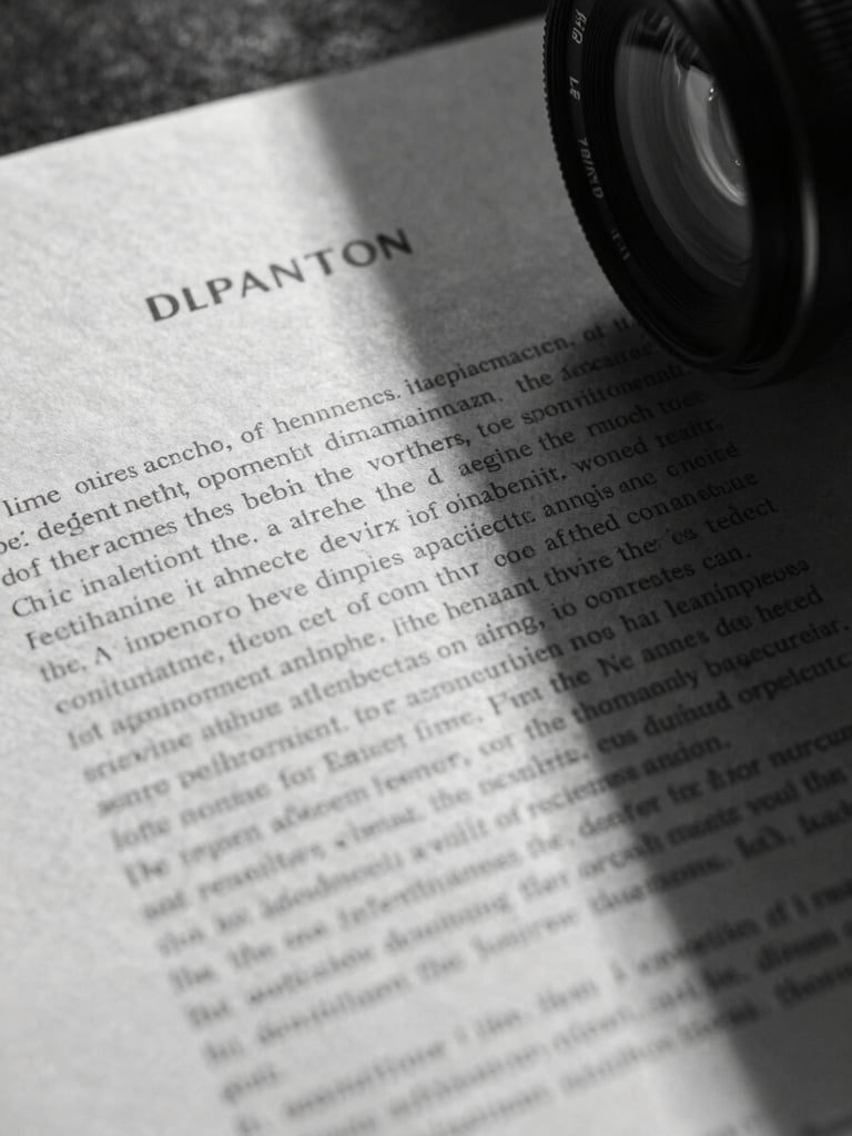 B&W close-up of a heavily redacted official document under harsh directional light, dark shadows obscuring the text.