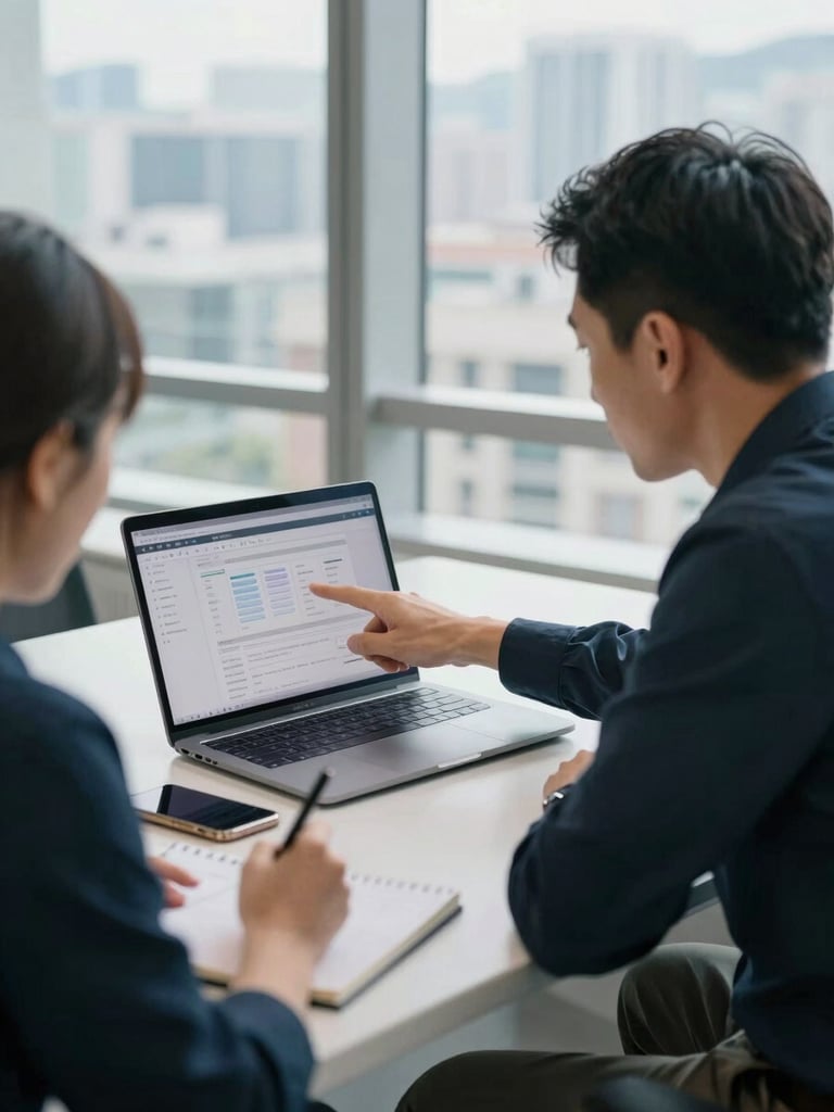 Medium shot of two professionals in a bright Hong Kong office, one pointing at a laptop screen showing a workflow automation interface, the other taking notes, natural window light, flat-lay desk visible with a phone and notebook, candid work moment not posed