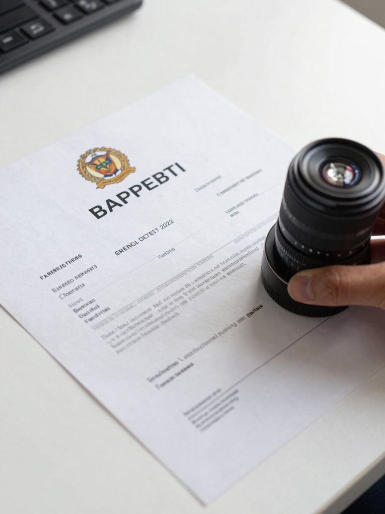 Close-up overhead photograph of an official BAPPEBTI license document on a white desk, verification stamp clearly visible, black ink on crisp paper, bright studio lighting, no hands in frame