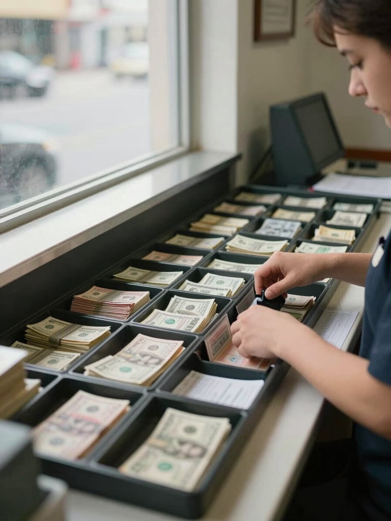Wide shot of a licensed money changer counter interior, organized currency trays arranged in neat rows under bright daylight from a large window to the left, a staff member's hands mid-count over the tray, verification stamp visible on a document at the edge of the frame