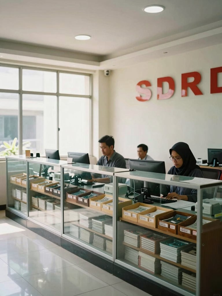 Wide interior shot of a licensed currency exchange counter in Jakarta, organized currency trays visible behind reinforced glass, bright daylight from side windows, staff standing at the desk in working posture, institutional and clean