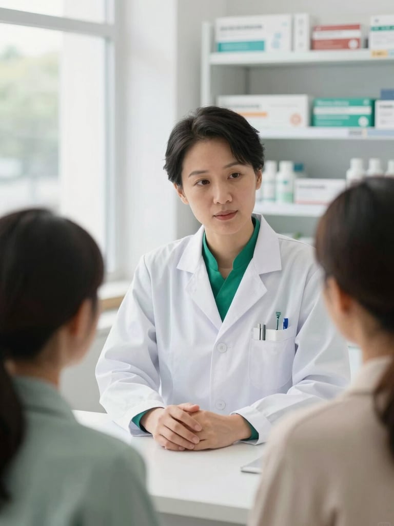 A professional pharmacist in a clean white uniform with emerald green accents, consulting with a community member in a bright Nyanama pharmacy setting, soft natural daylight.