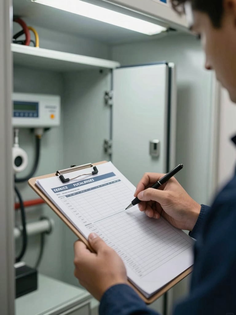 Close environmental shot of a technician's hand writing on a service checklist clipboard, an open air handler panel behind it, interior utility closet with pipes and wiring, functional fluorescent work lighting