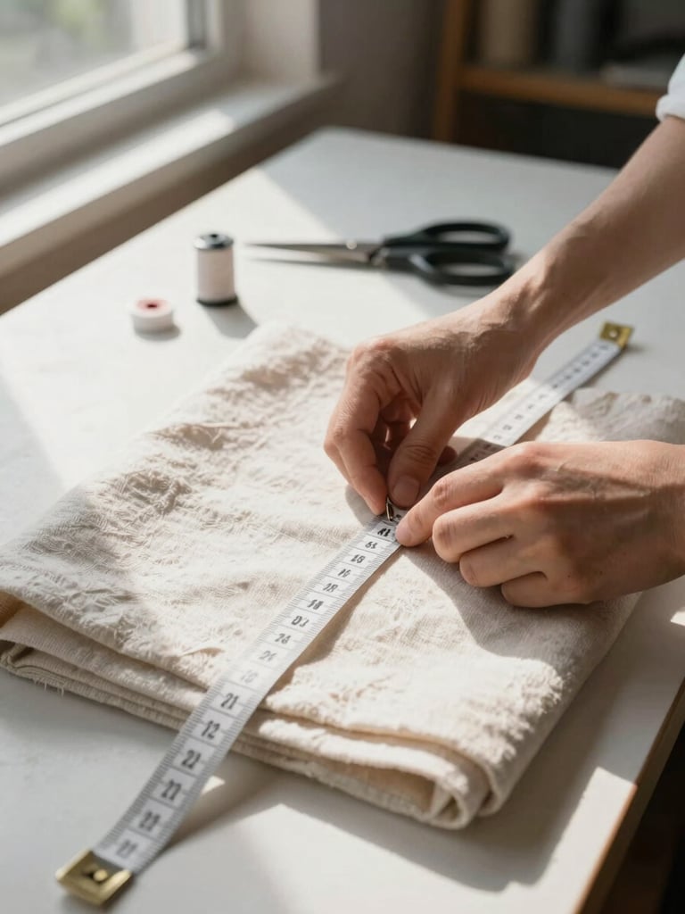 Close-up of tailor's hands drawing a measuring tape across folded linen fabric on a wide cutting table, natural window light from the left casting a soft shadow across the cloth, seam chalk and scissors resting in the background