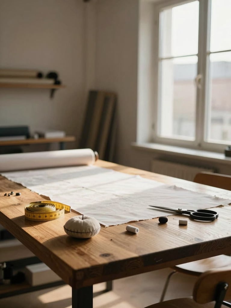 Wide environmental shot of a tailor's workspace — a wooden cutting table with fabric bolts, measuring tape coiled beside a pincushion, scissors and chalk, warm natural light from a tall window on the right, no people visible