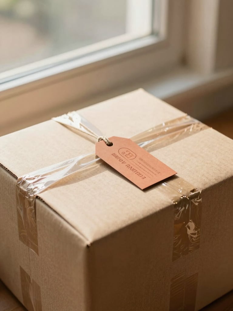 A carefully wrapped package with a cardboard box and paper cushioning, a small terracotta printed tag, soft natural window light, warm tones