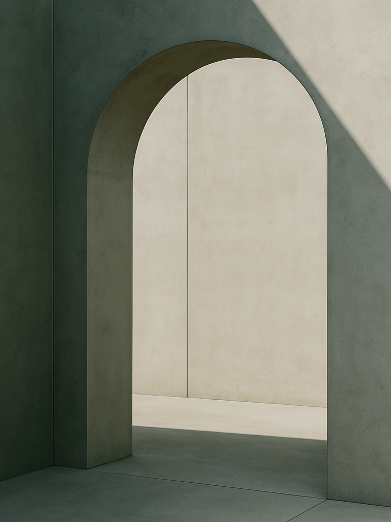 A minimalist concrete architectural archway with sharp shadows, soft diffused natural daylight, clean lines, editorial photography style